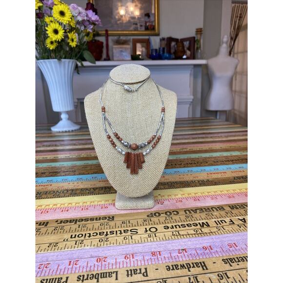 Vintage Double Strand Silver Tone Rose Flower 20” Beaded Necklace Goldstone - Picture 1 of 8